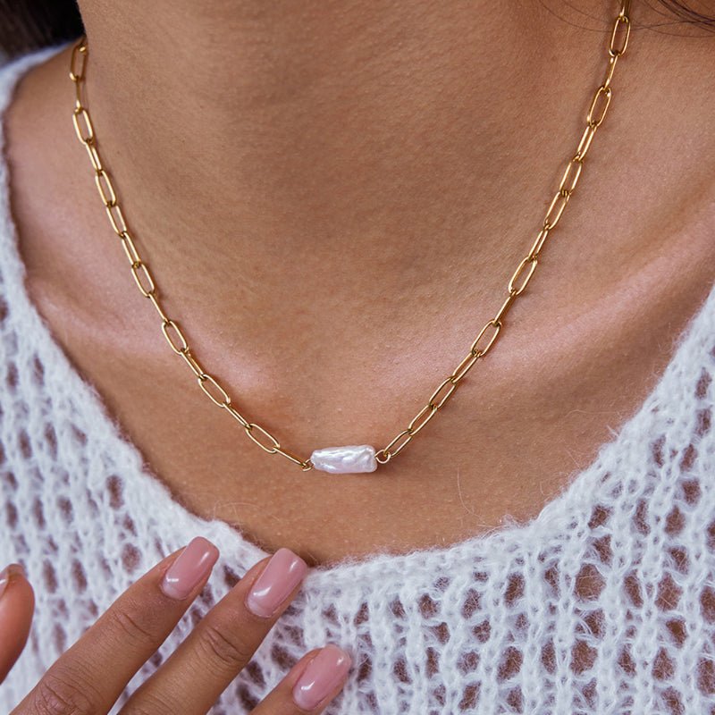 Paperclip Freshwater Pearl Necklace Light Luxury Clavicle Chain Stainless Steel Zircon Cross Border Jewelry