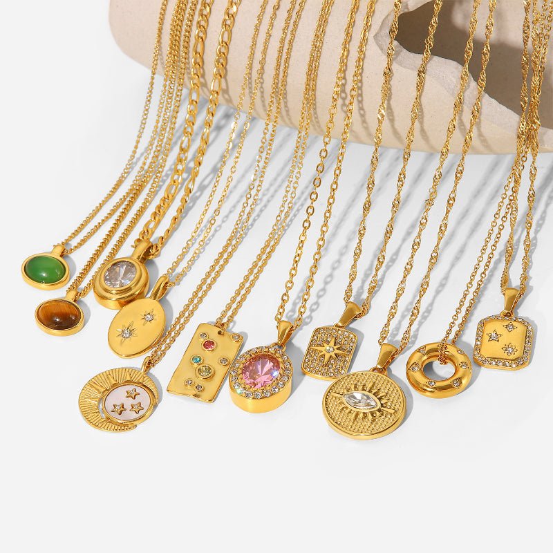 European American Internet Sensation Same Style INS Fashion 18K Gold Plated Stainless Steel Necklace Retro Natural Stone Pendant Jewelry Zircon Necklace For Women