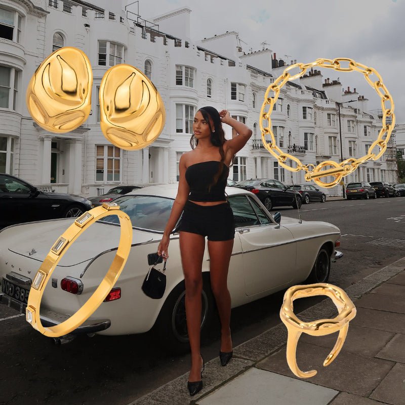 European American Stainless Steel Jewelry Set Titanium Steel Tarnish-Free Zircon Bangle Ring Earrings Women's High-End Accessories