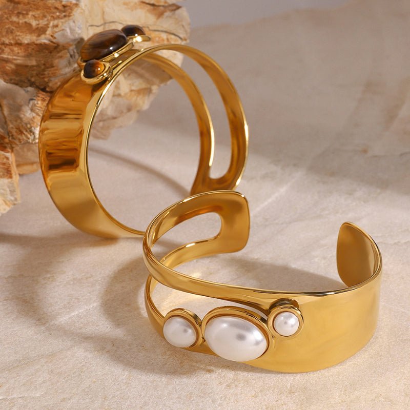 European American Stainless Steel Hollow Pearl Bracelet High Version Natural Stone Open Bangle Titanium Steel Jewelry Cross Border