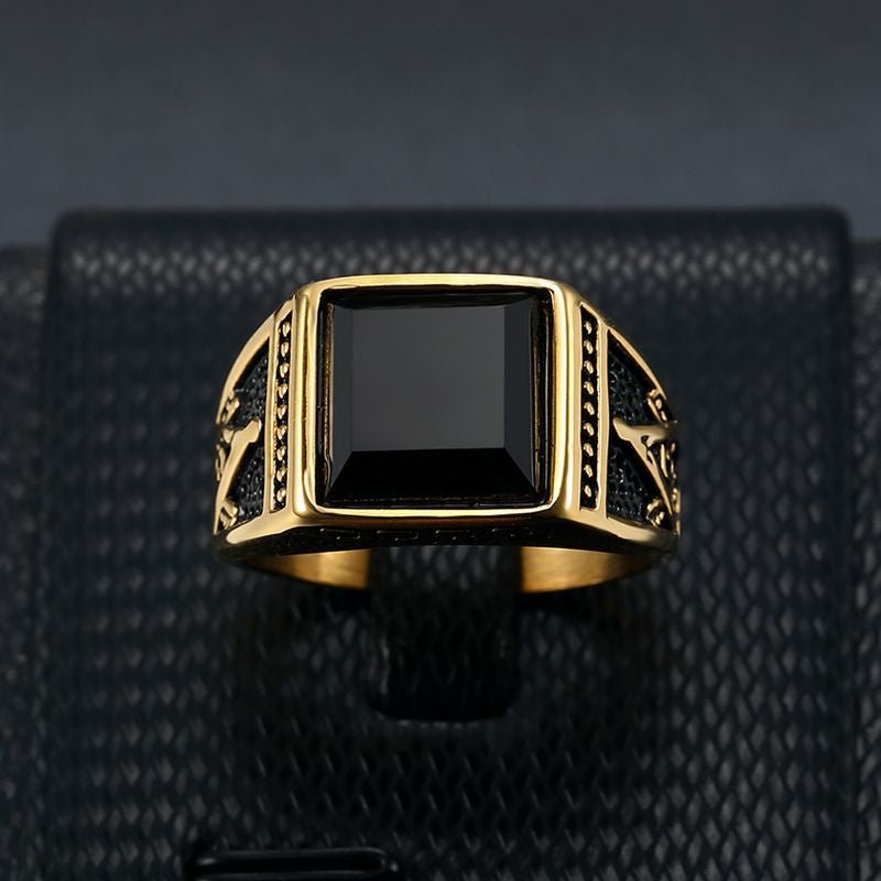 European and American Cross-border New Classic Retro Ring Titanium Steel Color Retention Gold Plated Black Onyx Masonic AG Men Ring