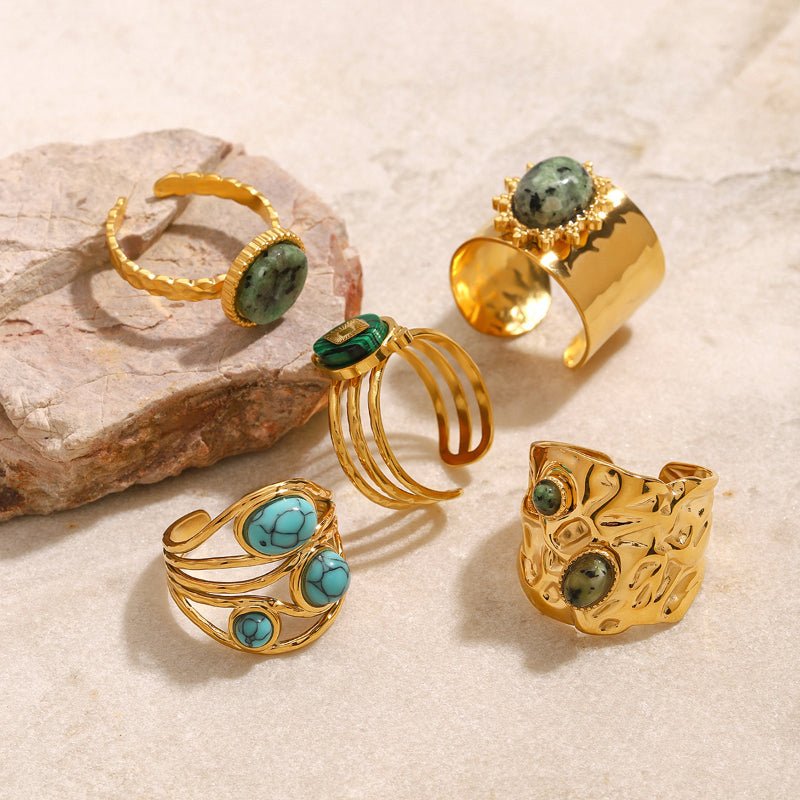 European American Stainless Steel Natural Stone Turquoise Ring Premium Niche Finger Ring Titanium Steel Jewelry Cross Border Ring