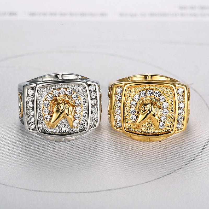 European and American Cross-border Hot Sale Hip Hop HIPHOP Jewelry Titanium Steel Gold Plated Zircon Horse Head Men Ring