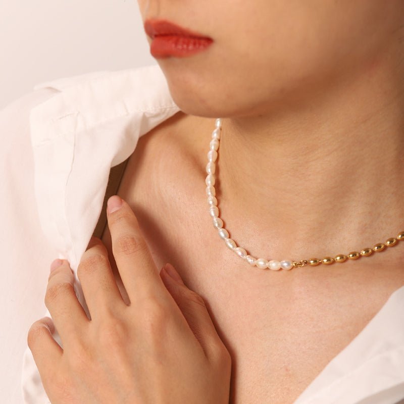 European American INS Half Freshwater Pearl Half 18K Gold Plated Bead Ball Minimalist Stainless Steel Choker Popular Jewelry For Women