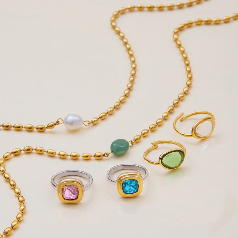 European American Titanium Steel Gold Ball Pearl Necklace Light Luxury Premium Jewelry Stainless Steel Natural Stone Ring Cross Border