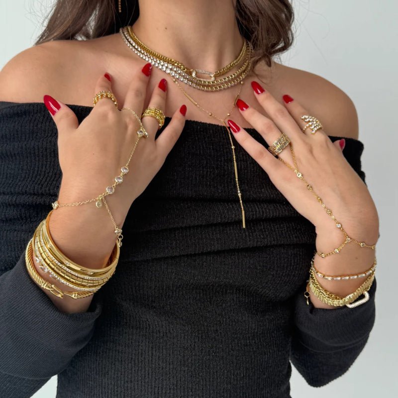 European American Stainless Steel Zircon Pearl Linked Finger Bracelet Light Luxury High-End Titanium Steel Tarnish-Free Cross-Border Jewelry