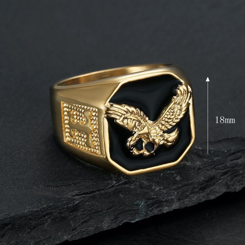 European and American Cross-border New Hot Selling Hip Hop Stainless Steel Gold Plated Enamel Flying Eagle Domineering Men Ring
