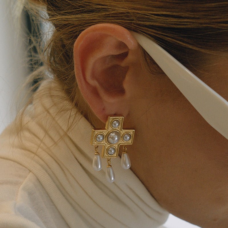 Cross Titanium Steel Faux Pearl Stud Earrings Niche Premium Earrings Non Fading Women Jewelry Stainless Steel Cross Border