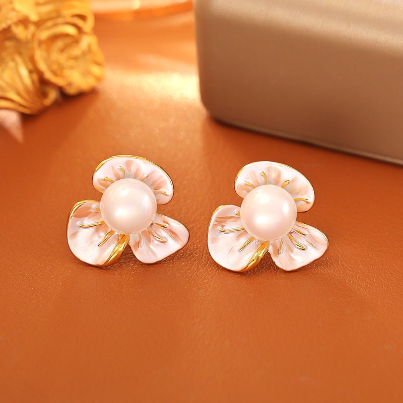 Luxury Enamel Drip Pearl Flower Stud Earrings Fashion Fresh Sweet Elegant Fairy Style Gentle Romantic Earrings