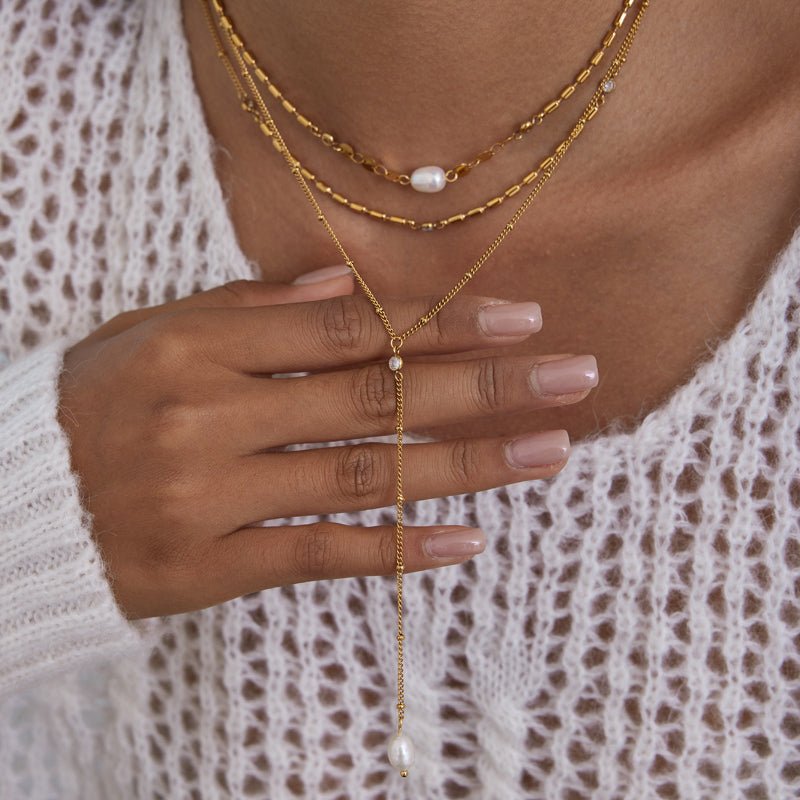 European American Stainless Steel Freshwater Pearl Y Necklace Light Luxury Premium Jewelry Titanium Steel Necklace Non Fading Cross Border