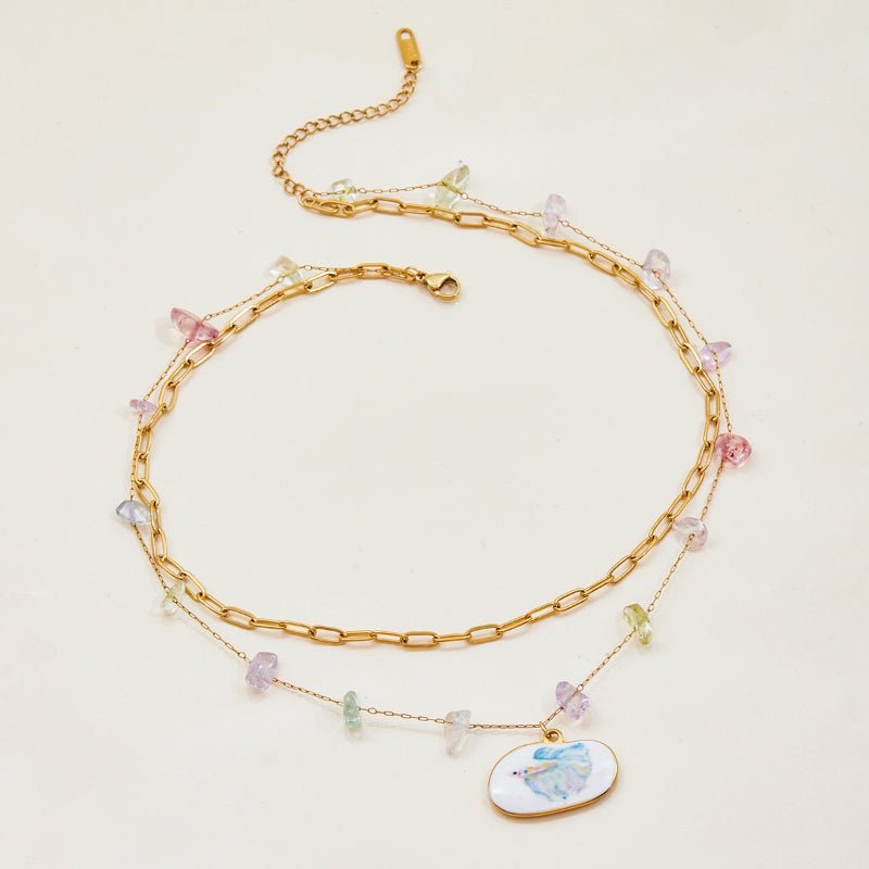 European American Color Natural Stone Titanium Steel Multi Layer Stackable Necklace Women Summer Stainless Steel Jewelry Premium Sense Cross Border