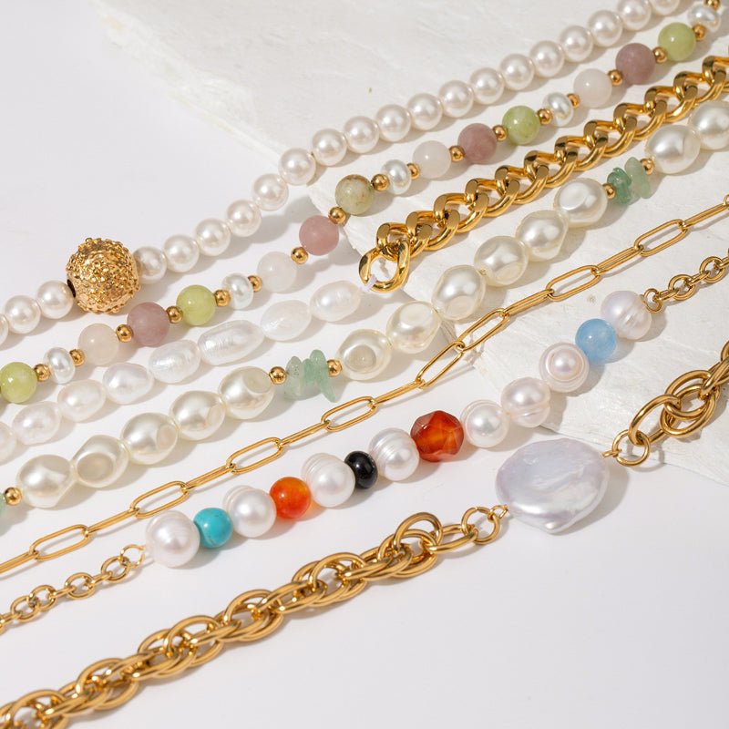 Cross Border Jewelry Stainless Steel Pearl Necklace Premium Clavicle Chain Titanium Steel European American INS Natural Stone Chain