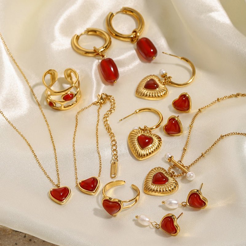 18K Gold Plated Stainless Steel Red Agate Heart Necklace Earrings Ring Set High-End Dainty Pendant INS Style Cross-Border Jewelry for Women