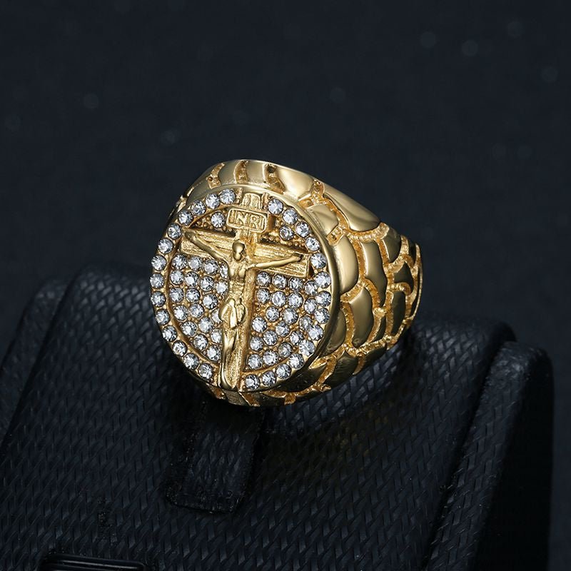 European and American Cross Border New Hiphop Hip Hop Finger Ring Titanium Steel Vacuum Gold Plated Rhinestone Cross Men Ring