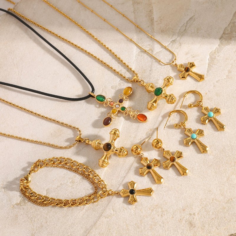Stainless Steel Natural Stone Necklace Pendant Premium Niche Clavicle Chain Cross Earrings Jewelry Cross Border