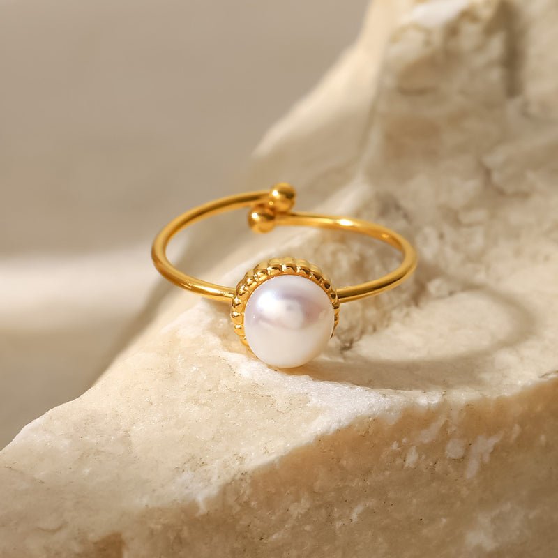 Fashion Internet Celebrity Same Style Ring 18K Gold Plated Stainless Steel Adjustable Freshwater Pearl Bread Bead Delicate Ring