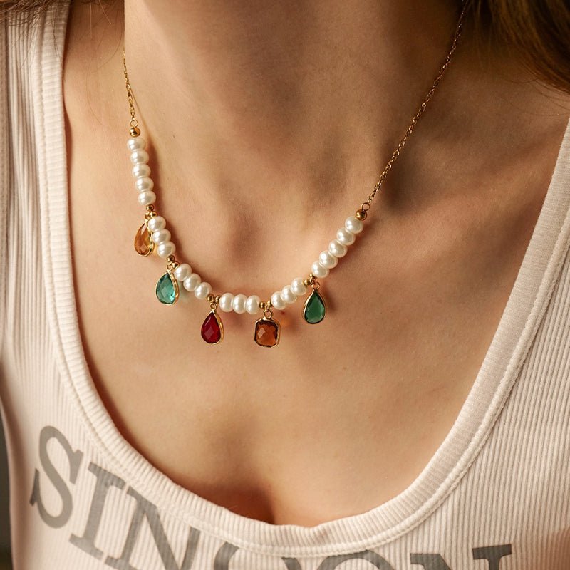 European American Stainless Steel Pearl Necklace Premium INS Clavicle Chain Zircon Natural Stone Titanium Steel Cross Border Jewelry