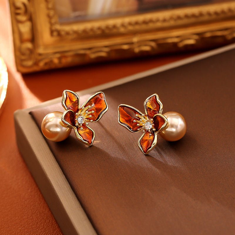 Maillard Retro Style Brown Flower Pearl Stud Earrings Simple Fashion Premium Sense Autumn Winter Earrings Women Niche Jewelry