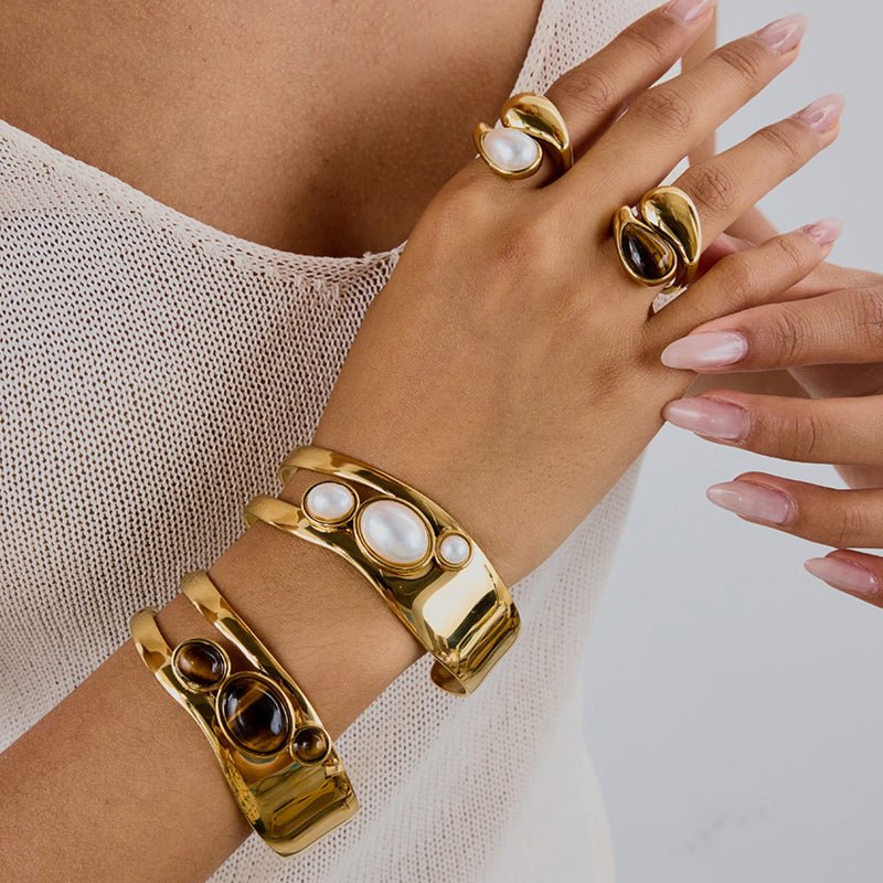 Natural Stone Titanium Steel Open Bangle For Women Non Fading Jewelry Stainless Steel Ring Cross Border Hot Selling Clover Jewelry