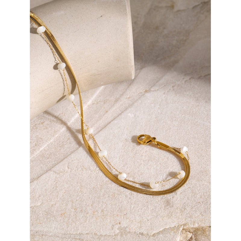 18K Gold Plated Stainless Steel Blade Chain Flat Snake Chain Round Shell Bead Anklet INS Influencer Fashion Anklet