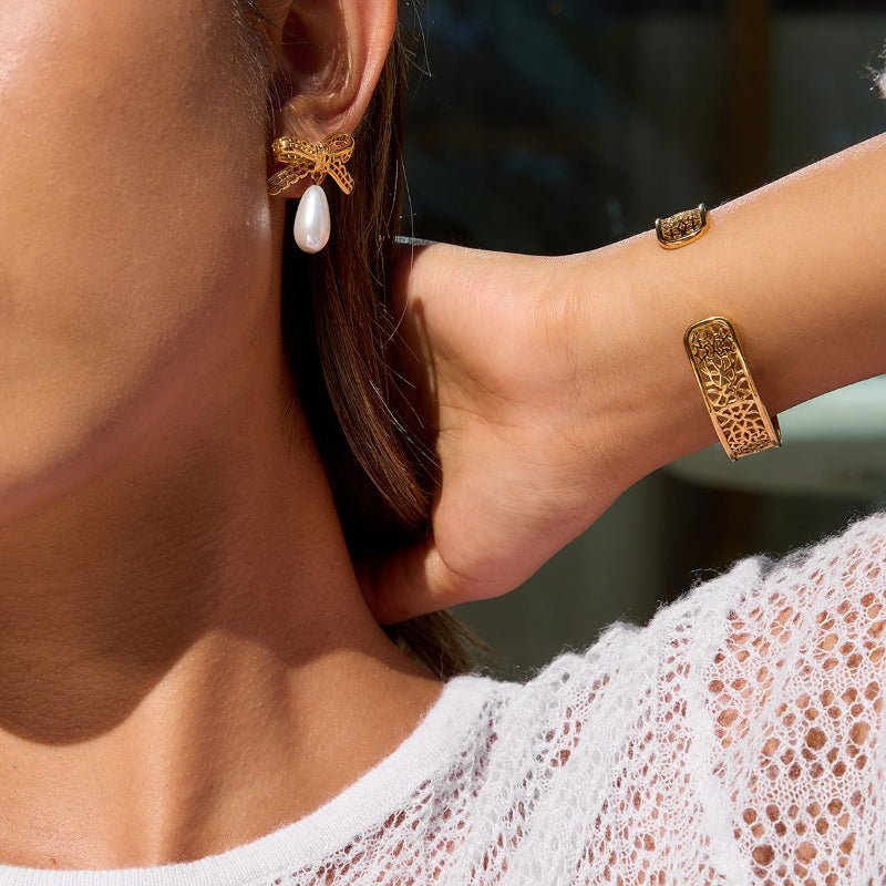 Lace Bow Titanium Steel Faux Pearl Stud Earrings Light Luxury Premium Earrings Stainless Steel Women Jewelry Cross Border