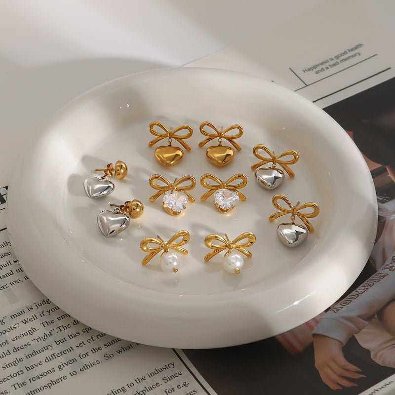 European and American Style Stainless Steel Valentine's Day Bow Earrings High Sense Zircon Heart Earrings Titanium Steel Ear Jewelry Cross Border