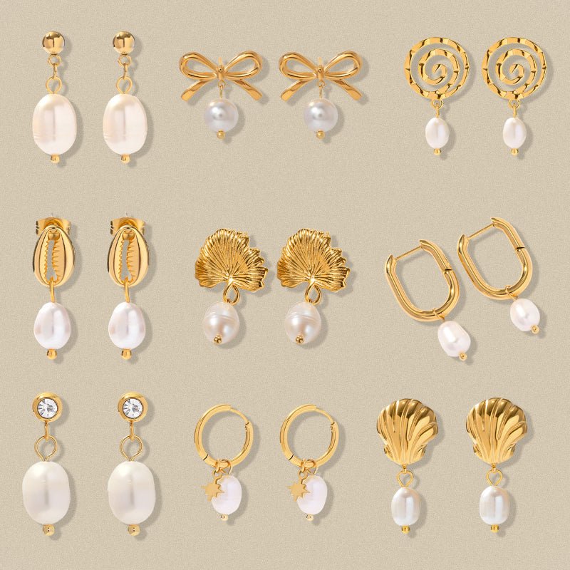 INS 18K Gold Plated Stainless Steel Freshwater Pearl Ginkgo Pendant Earrings European American Internet Celebrity Same Style Titanium Steel Shell Bead Earrings