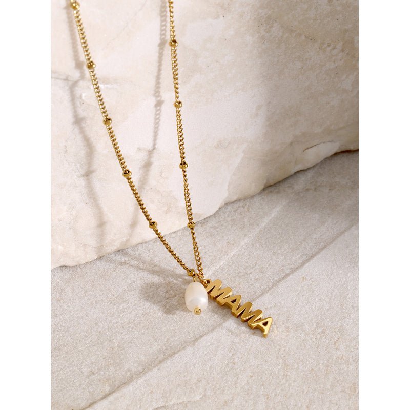 18K Gold Plated Stainless Steel MAMA Letter Pendant Freshwater Pearl Necklace 40+5cm For Mother's Day