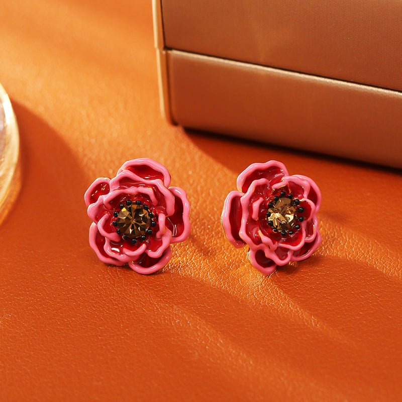 Luxury Red Flower Zircon Stud Earrings Sterling Silver Needle Stereo Design Elegant Fashion Earrings For Women