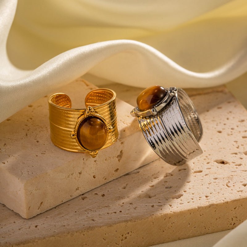 New 18K Gold Natural Stone Tiger Eye Wide Open Ring Stainless Steel Vintage High Quality Women Jewelry Ring