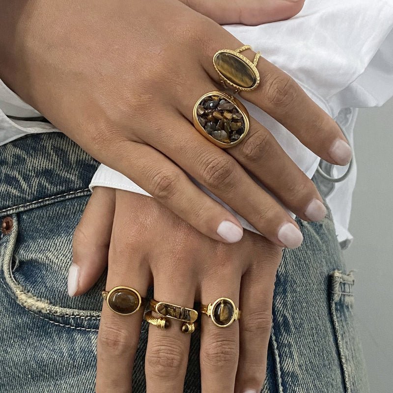 European American Stainless Steel Tiger Eye Stone Ring Premium Natural Stone Finger Ring Titanium Steel Jewelry Cross Border Rings