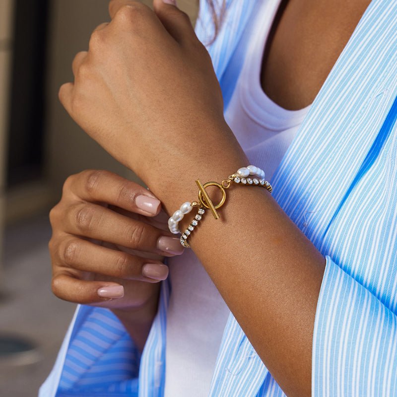 European American Stainless Steel Faux Pearl Bead Chain Double Layer OT Clasp Bracelet Light Luxury Titanium Steel Jewelry Premium