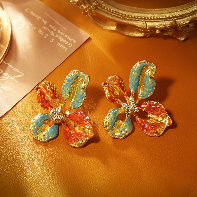 Vintage Mid Century Modern Big Flower Stud Earrings Retro Court Style Luxury Oil Painting Earrings For Women