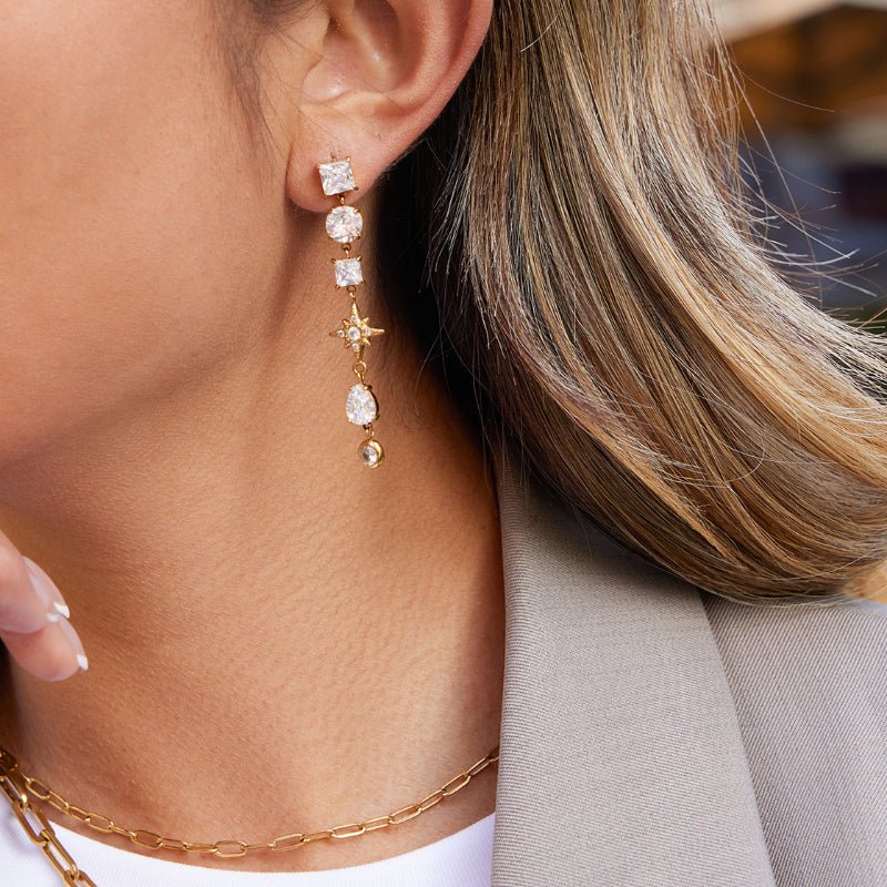 Stainless Steel Zircon Stud Earrings Light Luxury High Grade Tassel Earrings Minimalist Titanium Steel Cross Border Jewelry European Fashion