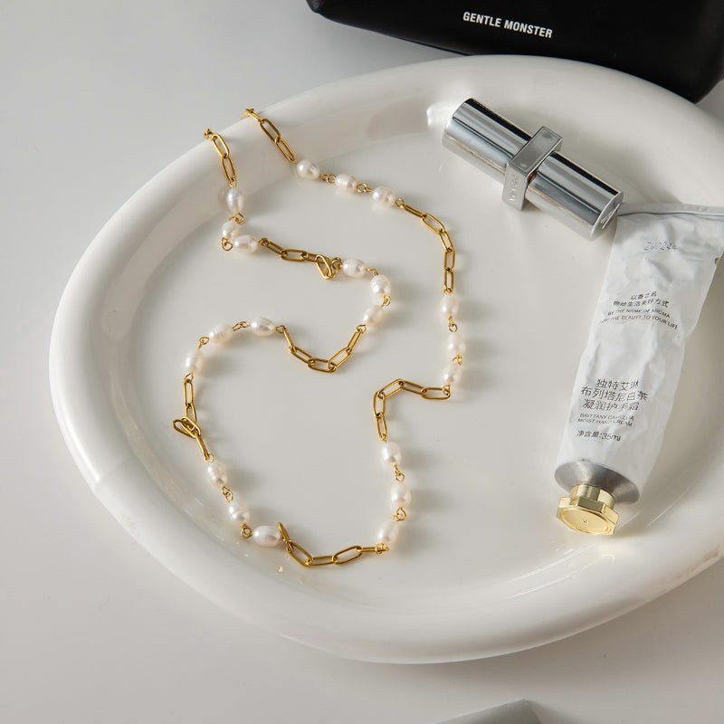 European American Titanium Steel Freshwater Pearl Long Necklace Light Luxury Premium Sweater Chain Stainless Steel Accessories Cross Border Jewelry