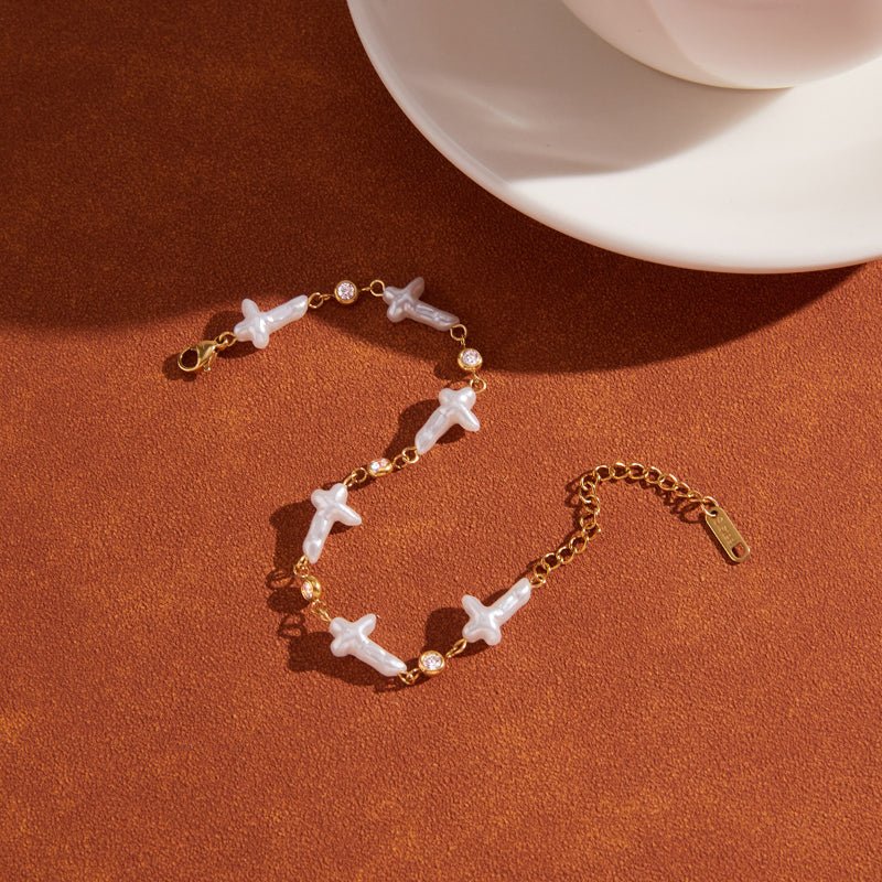 European American Stainless Steel Faux Pearl Bracelet Light Luxury Premium Cross Jewelry 18K Titanium Steel Cross Border Accessories