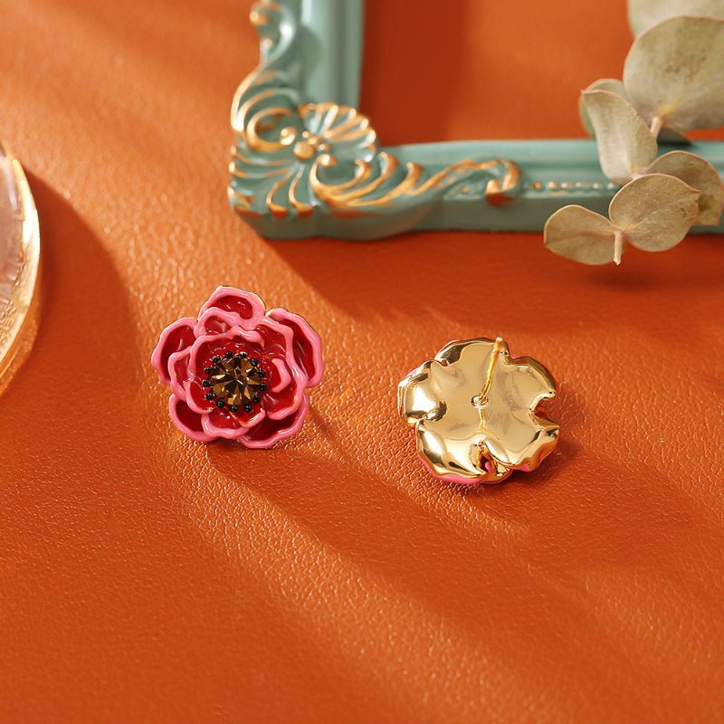 Luxury Red Flower Zircon Stud Earrings Sterling Silver Needle Stereo Design Elegant Fashion Earrings For Women