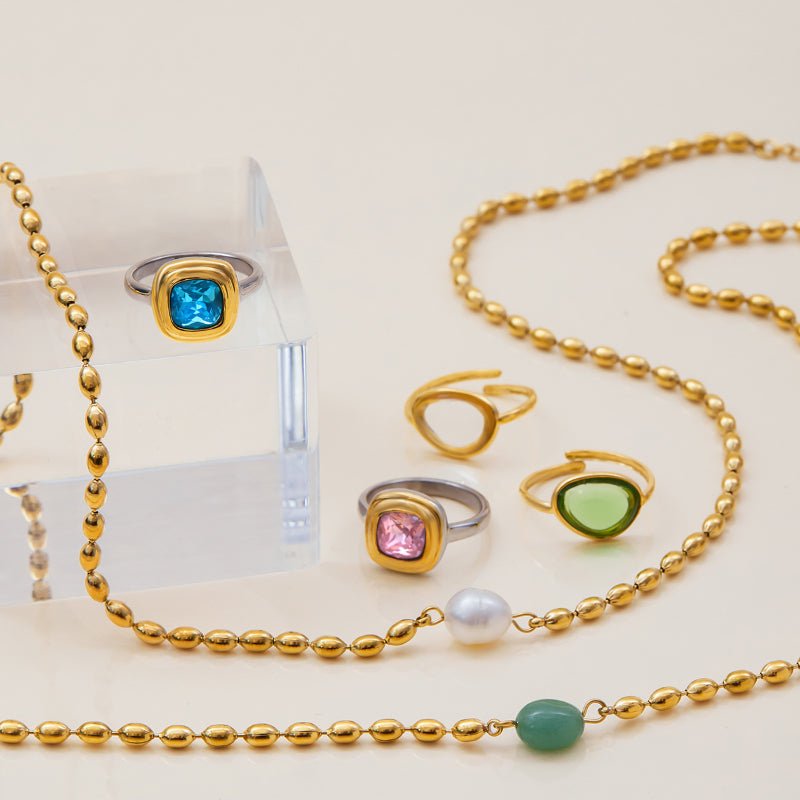 European American Titanium Steel Gold Ball Pearl Necklace Light Luxury Premium Jewelry Stainless Steel Natural Stone Ring Cross Border