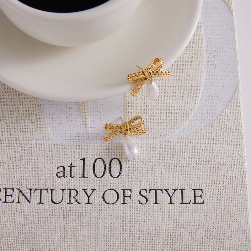 Lace Bow Titanium Steel Faux Pearl Stud Earrings Light Luxury Premium Earrings Stainless Steel Women Jewelry Cross Border