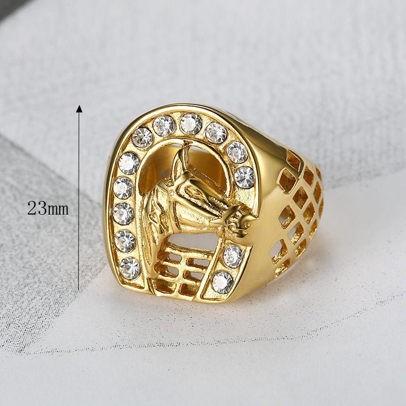 European and American Cross-border New Hip Hop HIPHOP Jewelry Titanium Steel Gold Plated Zircon Horse Head Men Ring