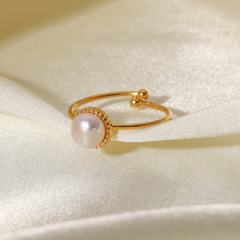 Fashion Internet Celebrity Same Style Ring 18K Gold Plated Stainless Steel Adjustable Freshwater Pearl Bread Bead Delicate Ring