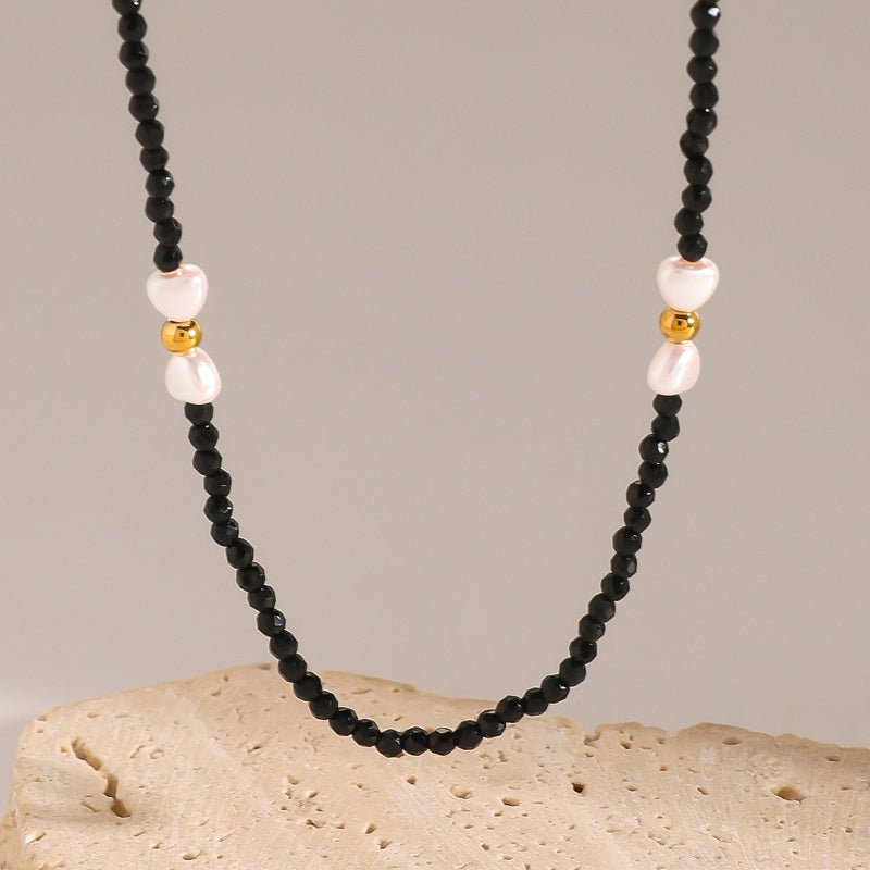 European American Stainless Steel Black Bead Love Heart Pearl Necklace Premium Clavicle Chain Titanium Steel Jewelry Cross Border