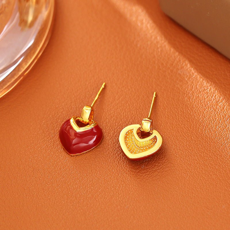 Ankola Red Enamel Drip Heart Stud Earrings Simple Fashion Luxury New Year Festive Jewelry Sweet Heart Necklace