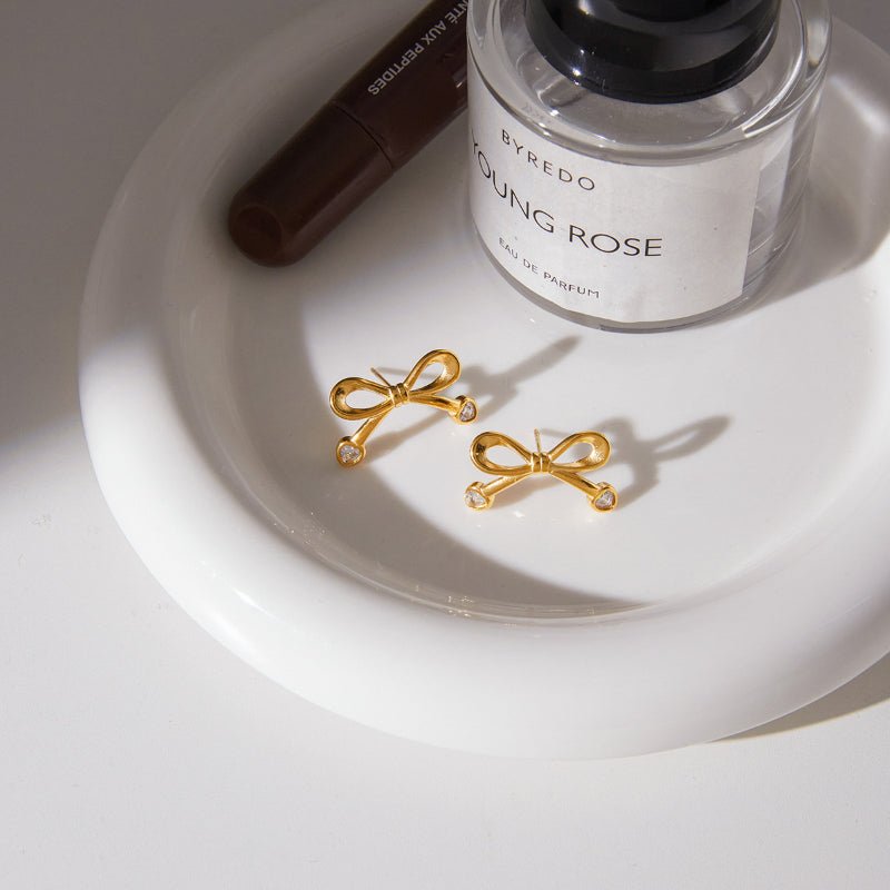 Stainless Steel Bow Love Zircon Stud Earrings Light Luxury High End Ear Cartilage Piercing Titanium Steel Cross Border Jewelry