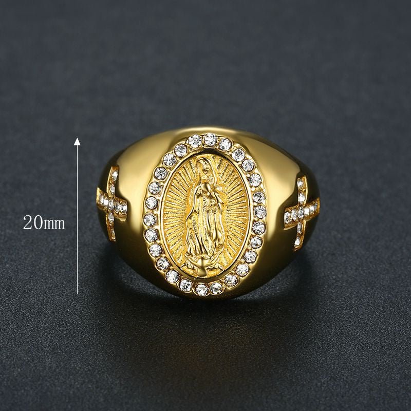 European and American Cross-border New Hiphop HIPHOP Jewelry Titanium Steel Gold Plated Zircon Virgin Mary Men Ring