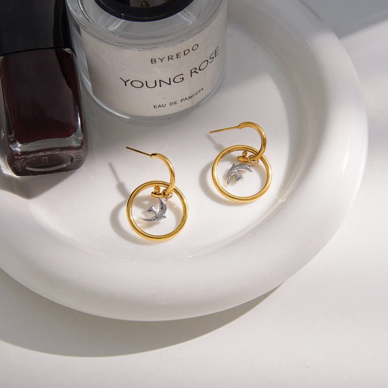 European American Stainless Steel Peace Dove Bird Pendant Earrings Light Luxury High Grade Hoop Earrings Titanium Steel Cross Border Jewelry