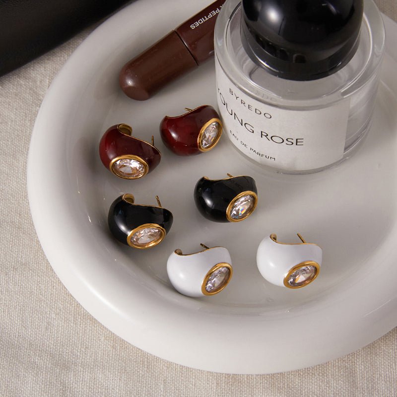 Stainless Steel Enamel Zircon Water Drop Stud Earrings Light Luxury High Grade Minimalist Earrings Titanium Steel European American Cross Border Jewelry