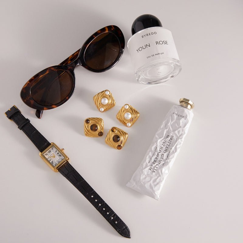 Titanium Steel Tiger Eye Stud Earrings Light Luxury Premium Earrings Faux Pearl Earrings Stainless Steel Jewelry Cross Border Jewelry