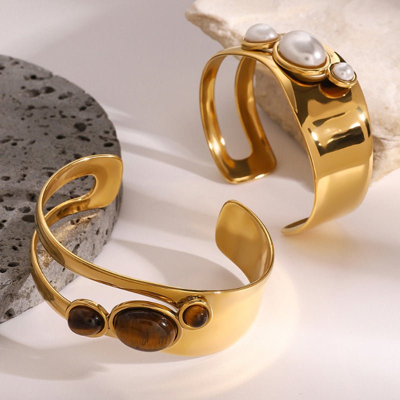 European American Stainless Steel Hollow Pearl Bracelet High Version Natural Stone Open Bangle Titanium Steel Jewelry Cross Border