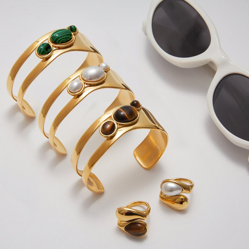 Natural Stone Titanium Steel Open Bangle For Women Non Fading Jewelry Stainless Steel Ring Cross Border Hot Selling Clover Jewelry